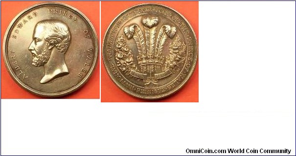 1872 UK National Thanksgiving For Recovery Of The Prince Of Wales Medal by Joseph Sheppard Wyon & Alfred Benjamin Wyon. Silver 58MM./94.6 gms.
Obv: Head of Albert Edward Prince Of Wales facing left. Rev: The Prince of Wales' Plumes.
