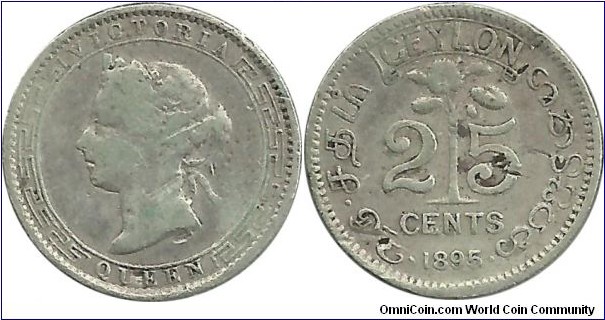 Ceylon-British 25 Cents 1895