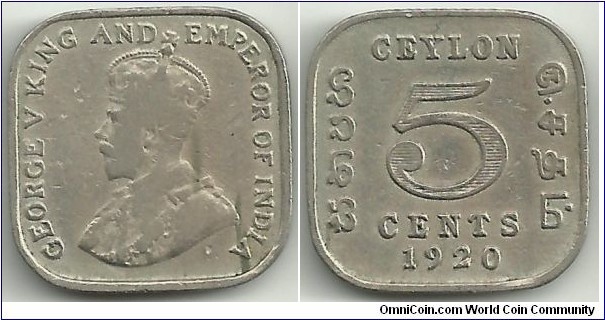 Ceylon-British 5 Cents 1920