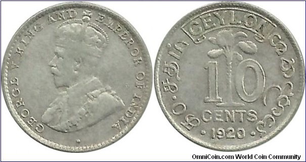 Ceylon-British 10 Cents 1920