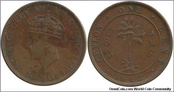 Ceylon-British 1 Cent 1942-thick