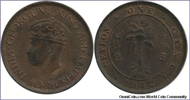 Ceylon-British 1 Cent 1942-thin