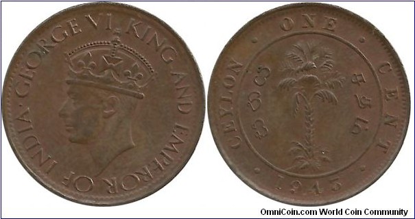 Ceylon-British 1 Cent 1943-thin