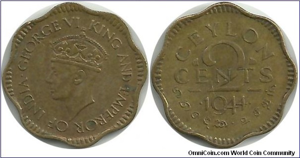 Ceylon-British 2 Cents 1944