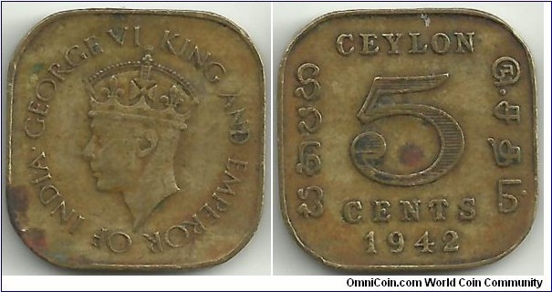 Ceylon-British 5 Cents 1942