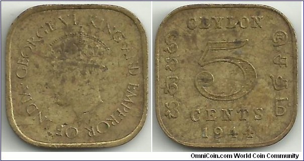 Ceylon-British 5 Cents 1944
