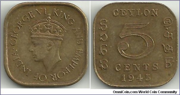 Ceylon-British 5 Cents 1945