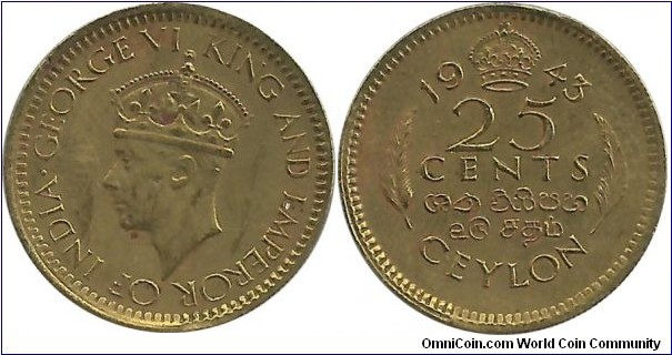 Ceylon-British 25 Cents 1943
