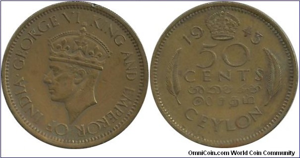 Ceylon-British 50 Cents 1943