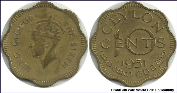Ceylon-British 10 Cents 1951