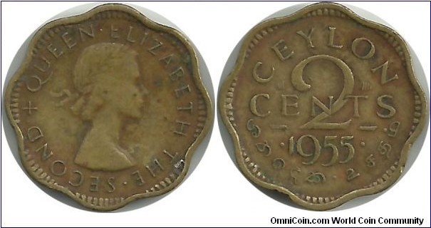 Ceylon-British 2 Cents 1955