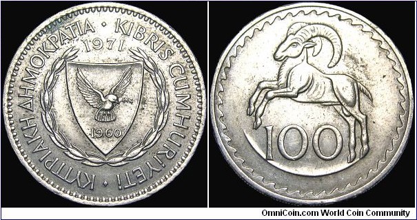 Cyprus - 100 Mils - 1971 - Weight 11,3 gr - Copper-Nickel - Size 28,45 mm - Thickness 2,35 mm - Alignment Medal (0°) - Engraver / William Gardner - Object Reverse / Cypriot ram Jumping (Ovis orientalis ophion) - Edge : Milled - Mintage 500 000 - Reference KM# 42 (1963-82)