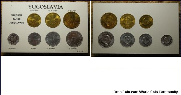 Yugoslavia 1953, 1955 mint set. Official bank mint set? Aluminium coins from 1953 and bronze coins from 1955.