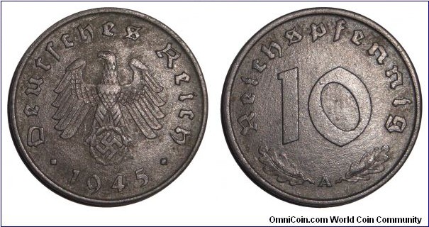 GERMANY (THIRD REICH)~10 Reichspfennig 1945 A. Last issue for the Third Reich. Mint: Berlin. *SCARCE*