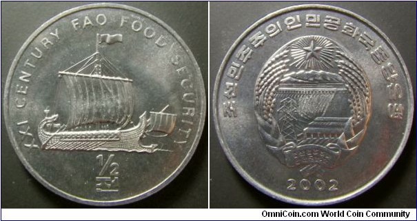 North Korea 2002 half chon commemorating a Viking boat. Weight: 2.20g. 