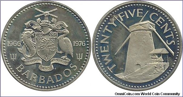 Barbados 25 Cents 1976 - 10th Year of Independence (Proof Mint)