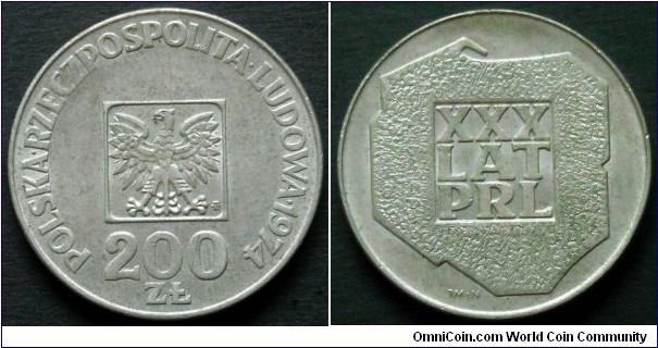 Poland 200 zlotych.
1974, 30th Anniversary of People's Republic of Poland. Ag 625. Weight; 14,5g. Diameter; 31mm.
Mintage: 13.062.041 pieces.