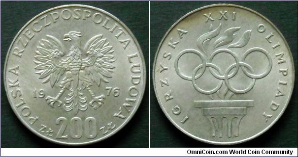 Poland 200 zlotych.
1976, Games of the XXI Olympiad (Montreal 1976) Ag 625. Weight; 14,5g.
Diameter; 31mm.
Mintage: 2.072.401 pieces.