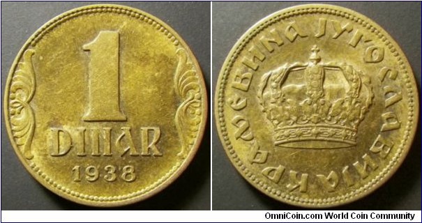 Yugoslavia 1938 1 dinar. Weight: 3.51g. 