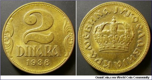 Yugoslavia 1938 2 dinar. Weight: 5.00g. 