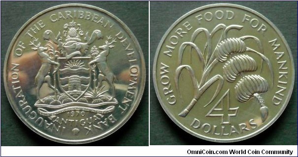Antigua 4 dollars.
1970, Inauguration of the Caribbean Development Bank / F.A.O. issue.
Cu-ni. Proof. Mintage: 2.000 pieces.