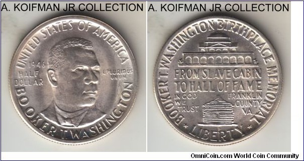 KM-198, 1946 Unites States half dollar, Denver mint (D mint mark); silver, reeded edge,  Booker T. Washington commemorative, mintage 200,113, choice uncirculated.