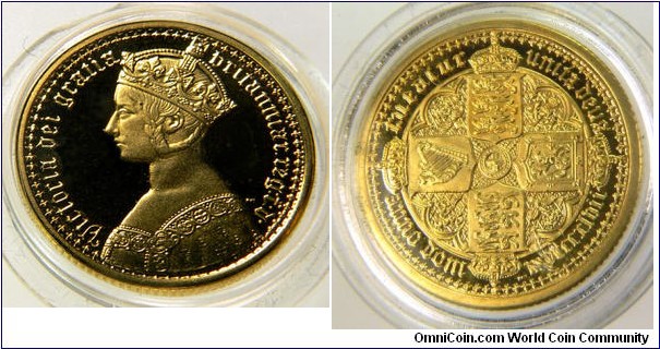 1847 UK UNC Fantasy Sovereign in the style of A Gothic Crown. Gold 9 carat 23MM./6.3 gm.
