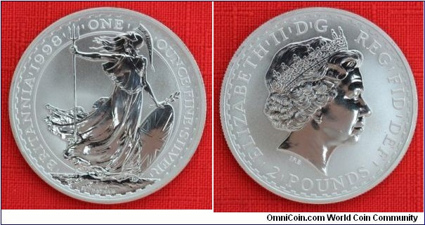 1998 UK Two Pound Britannia Coin. Silver: 40 MM/32.4 grams. Mintage 88,909
