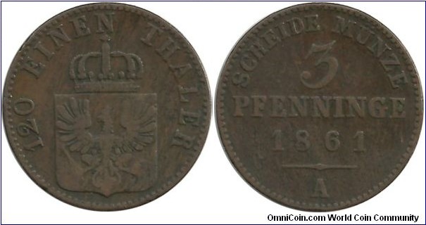 Germany-Prussia 3 Pfenninge 1861A (1/120 Thaler)
