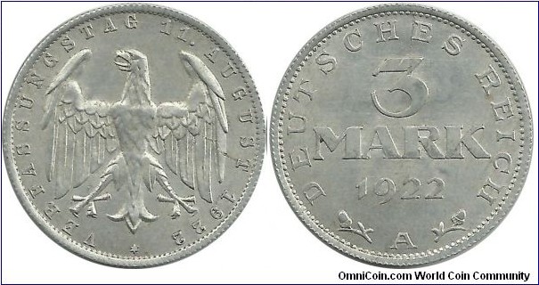 Germany Weimar 3 Mark 1922A