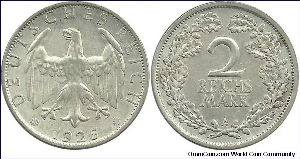 Germany Weimar 2 Reichsmark 1926A