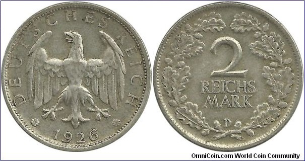Germany Weimar  2 Reichsmark 1926D