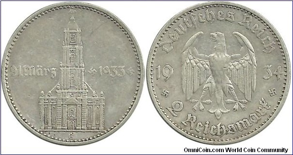 Germany-Nazi 2 Reichsmark 1934E(21 März 1933) - First Anniversary of NAZI Rule