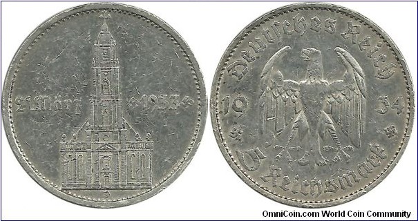 Germany-Nazi 5 Reichsmark 1934D(21 März 1933) - First Anniversary of NAZI Rule