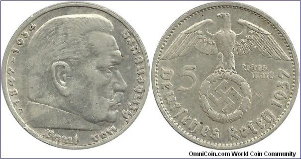 Germany-Nazi 5 Reichsmark 1937D