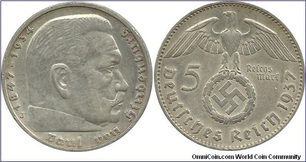 Germany-Nazi 5 Reichsmark 1937J