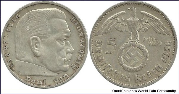 Germany-Nazi 5 Reichsmark 1938F