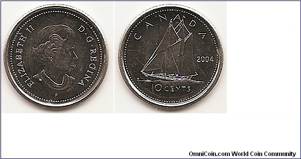 10 Cents
KM#492
1.7700 g., Nickel Plated Steel, 18 mm. Ruler: Elizabeth II Obv: Head right Obv. Designer: Susanna Blunt Rev: Bluenose sailing left