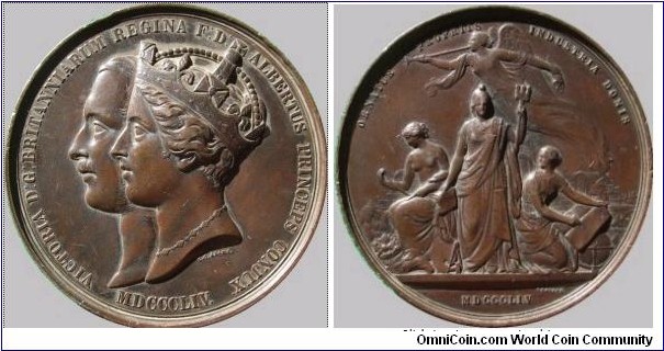 1854 UK Victoria & Albert Opening of Crystal Palace Medal by G. G. Adams. Bronze: 63MM
Obv: Conjoined busts of Victoria and Albert. Dated below. Rev: Britannia standing facing forward, Plenty & Learning to left and right, with fame flying above. Date MDCCCLIV (1854) in exergue.
