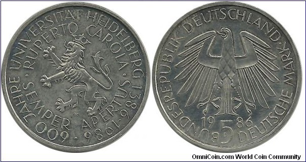 Germany-West 5 DM 1986D-600th Year, Heidelberg University