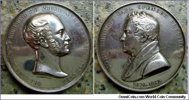 1825-1845 UK First Royal Agricultural Society 1873 Best Beast in Class Smithfield Club Presdent Medal by W. Wyon. Silver: 48MM./71 gm.
Obv: Bust of Charles Duke of Richmond K.G. President of the Smithfield Club. Rev: Bust of John Charles Earl Spencer President, 1824-1845.
