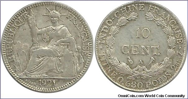 FrenchIndochina 10 Centimes 1921 (KM# 16.1)