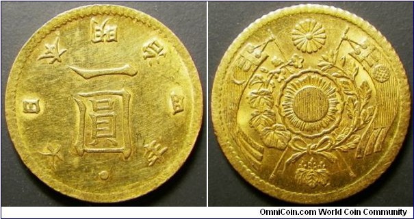 Japan 1871 1 yen gold. Variety: Dot closer to the character yen. Weight: 1.70g. 