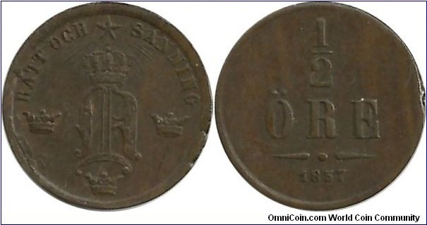 Sweden ½ Öre 1857 - King Oscar I