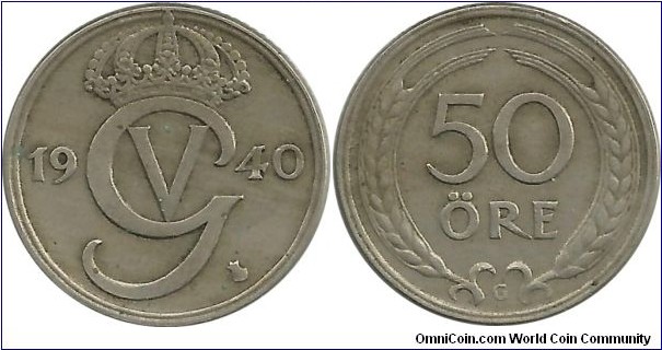 Sweden 50 Öre 1940G -Ni-