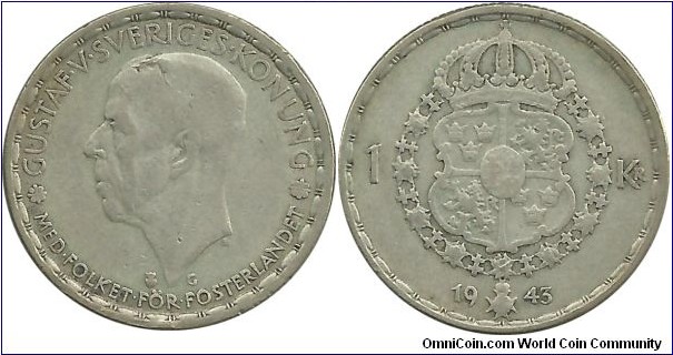 Sweden 1 Krona 1943-type1 (Crosslet 4)