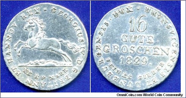 16 Gute Grroschen (Gulden, 2/3 Thaler).
Kingdom of Hannover.
Georg IV (1820-1830), von Hannover, England, Scotland & Ireland.
*MC* - munz comissoin.


Ag993f. 11,77gr.