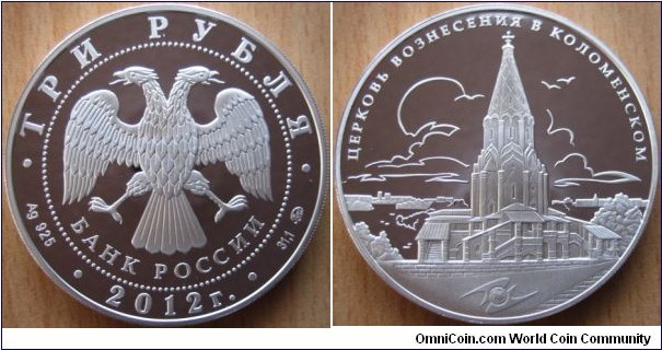 3 Rubles - Ascension church in Kolomenskoye - 33.94 g Ag .925 Proof - mintage 5,000