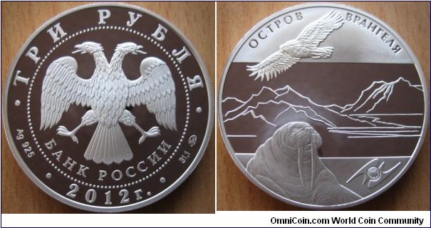 3 Rubles - Wrangel Island - 33.94 g Ag .925 Proof - mintage 5,000
