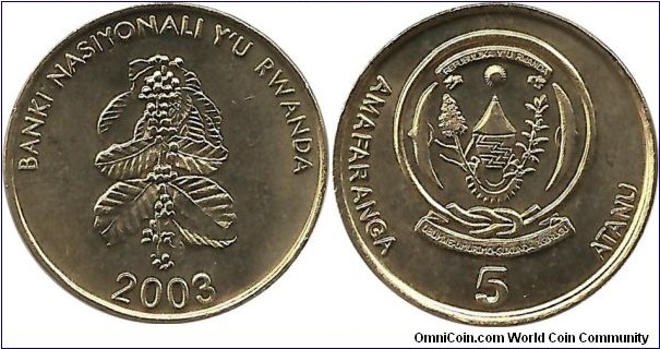 Rwanda 5 Francs 2003 - Banki Nasiyonali